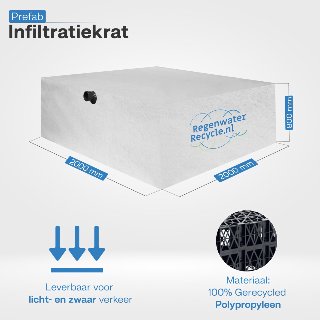 Prefab infiltratiekrat 3200 liter, 2x aansluiting 110mm, L2000 x B2000 x H800mm
