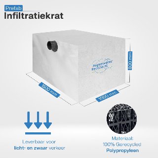 Prefab infiltratiekrat 1200 liter, 2x aansluiting 110mm, L1500 x B1000 x H800mm