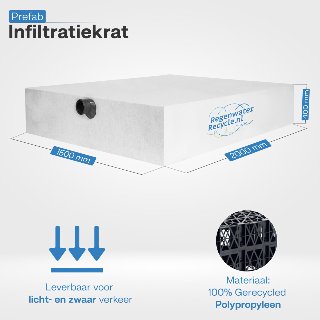 Prefab infiltratiekrat 1200 liter, 2x aansluiting 110mm, L1500 x B2000 x H400mm