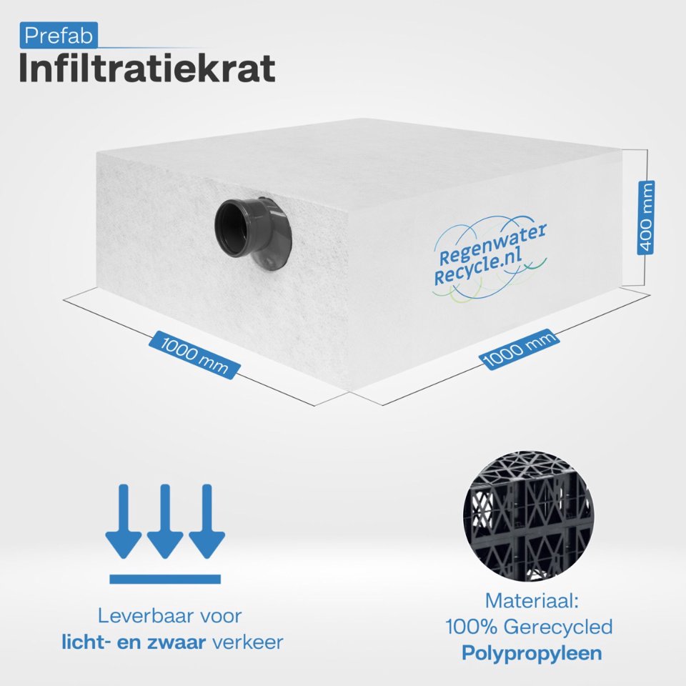 Prefab infiltratiekrat 400 liter, 2x aansluiting 110mm, L1000 x B1000 x H400mm